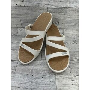 Crocs Sanrah Strappy Wedge Sandals Women Size 8 White Tan Triple Strap 10386